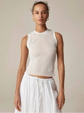 J. Crew Cream Ribbed Sleeveless Tank with Floral Trim